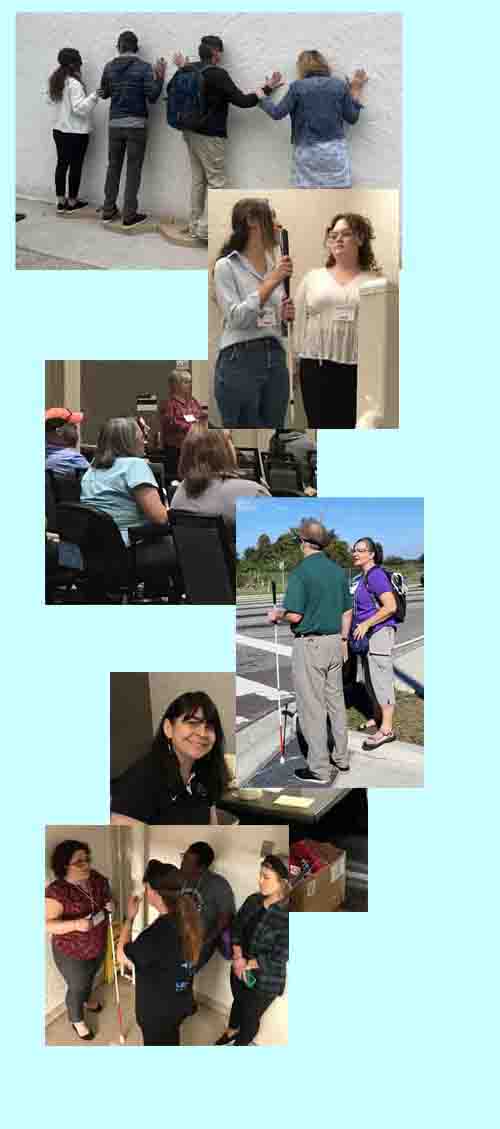A collage of picturs 6 pictures showing 1-participants guiding each other along a simulated cliff face, 2- 2 participants talking with each other, one is holding a cane, 3- participants at a lecture, 4- Jennifer Graham standing at a corner with an engineer wearing a vision simulator, 5- Eileen Bischof sitting in the hall and smiling at us, 6- Elaine Mara talking with some participants in a stairwell. 